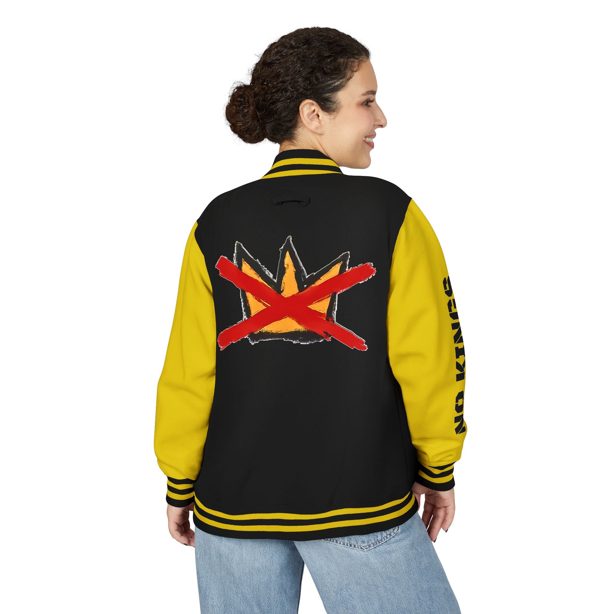 No Kings March Ultimate Protest Jacket I Hand-Drawn Crown Letterman Jacket | Black yellow varsity