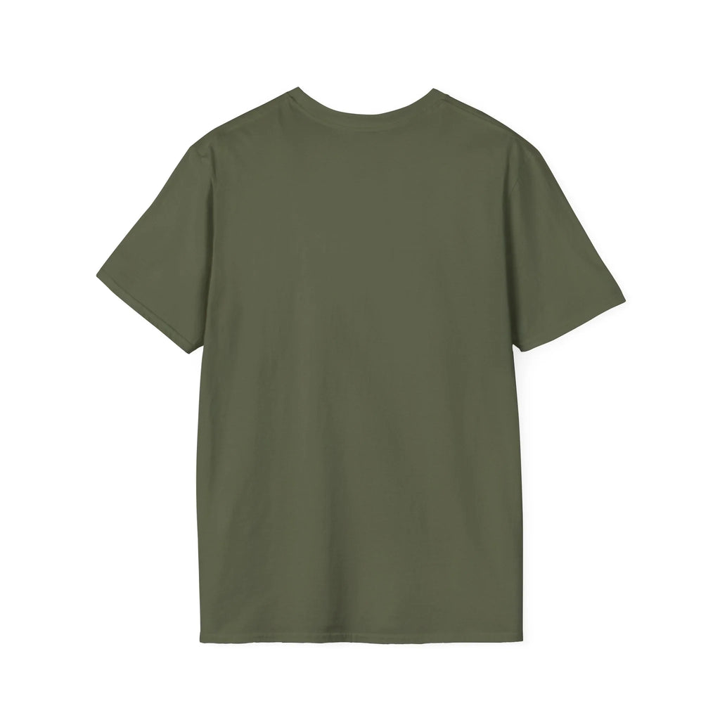 Olive green protest tee, back view — unique anti-MAGA activist apparel with bold graphic design