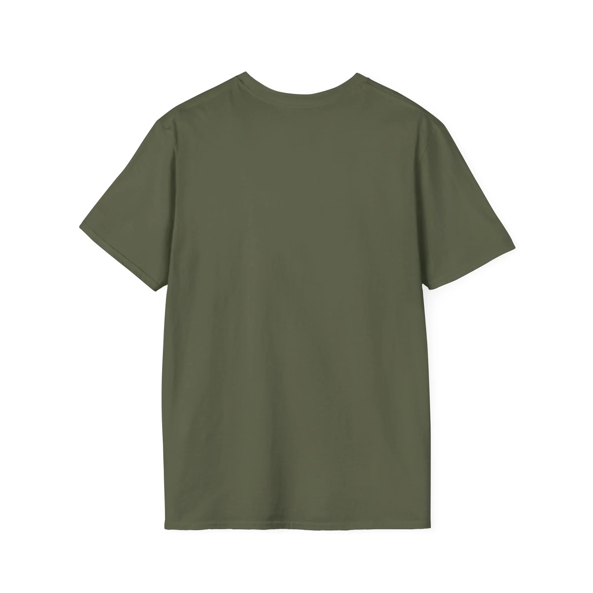 Olive green protest tee, back view — unique anti-MAGA activist apparel with bold graphic design