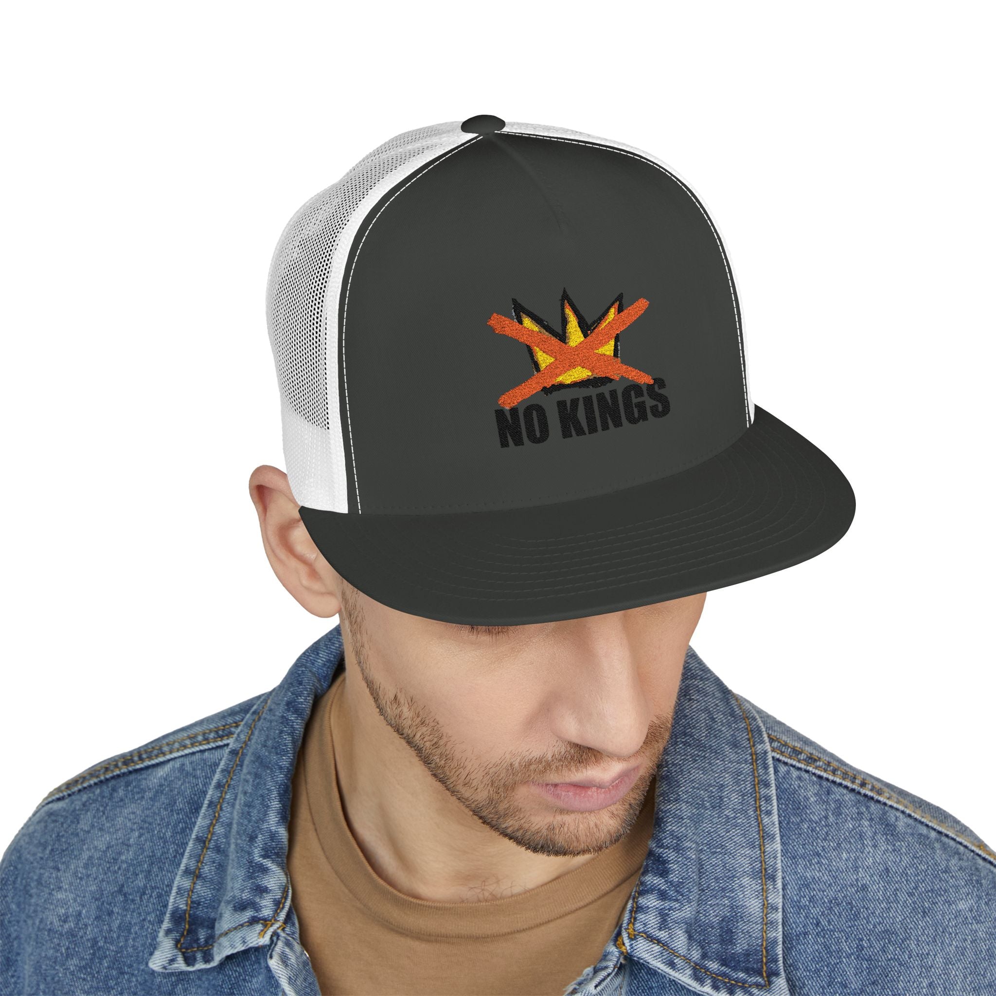 No Kings flame skull embroidery Trucker Cap | 5-panel mesh hat