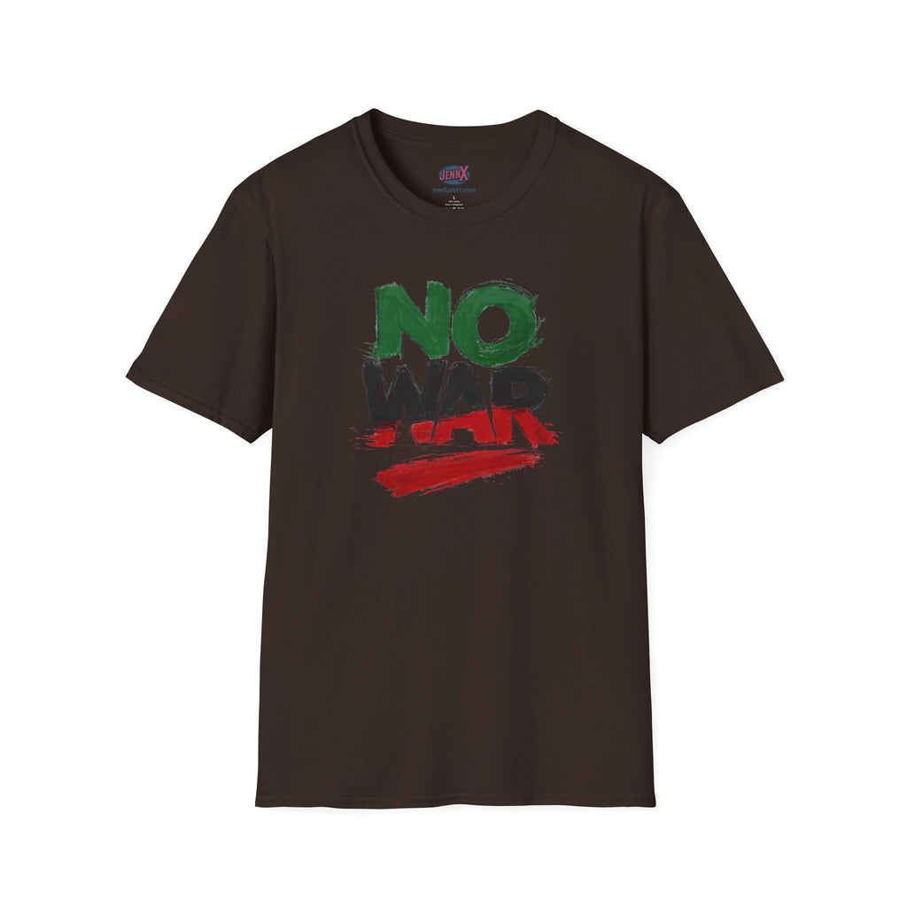 No War brushstroke design T-Shirt | Green Black Red anti-war slogan