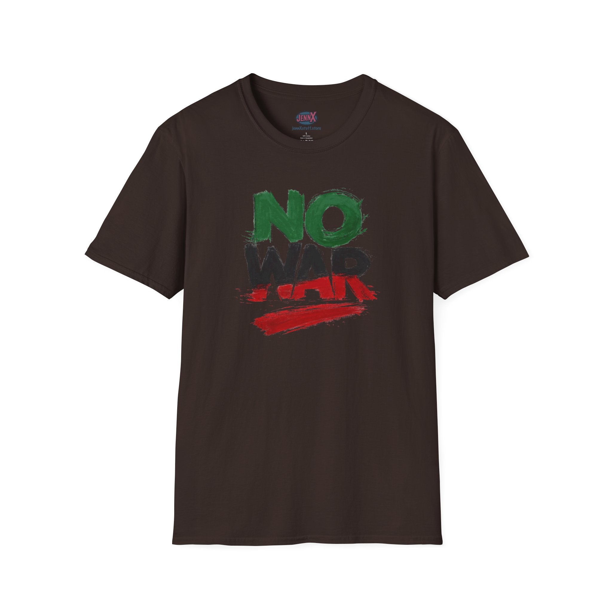 No War brushstroke design T-Shirt | Green Black Red anti-war slogan