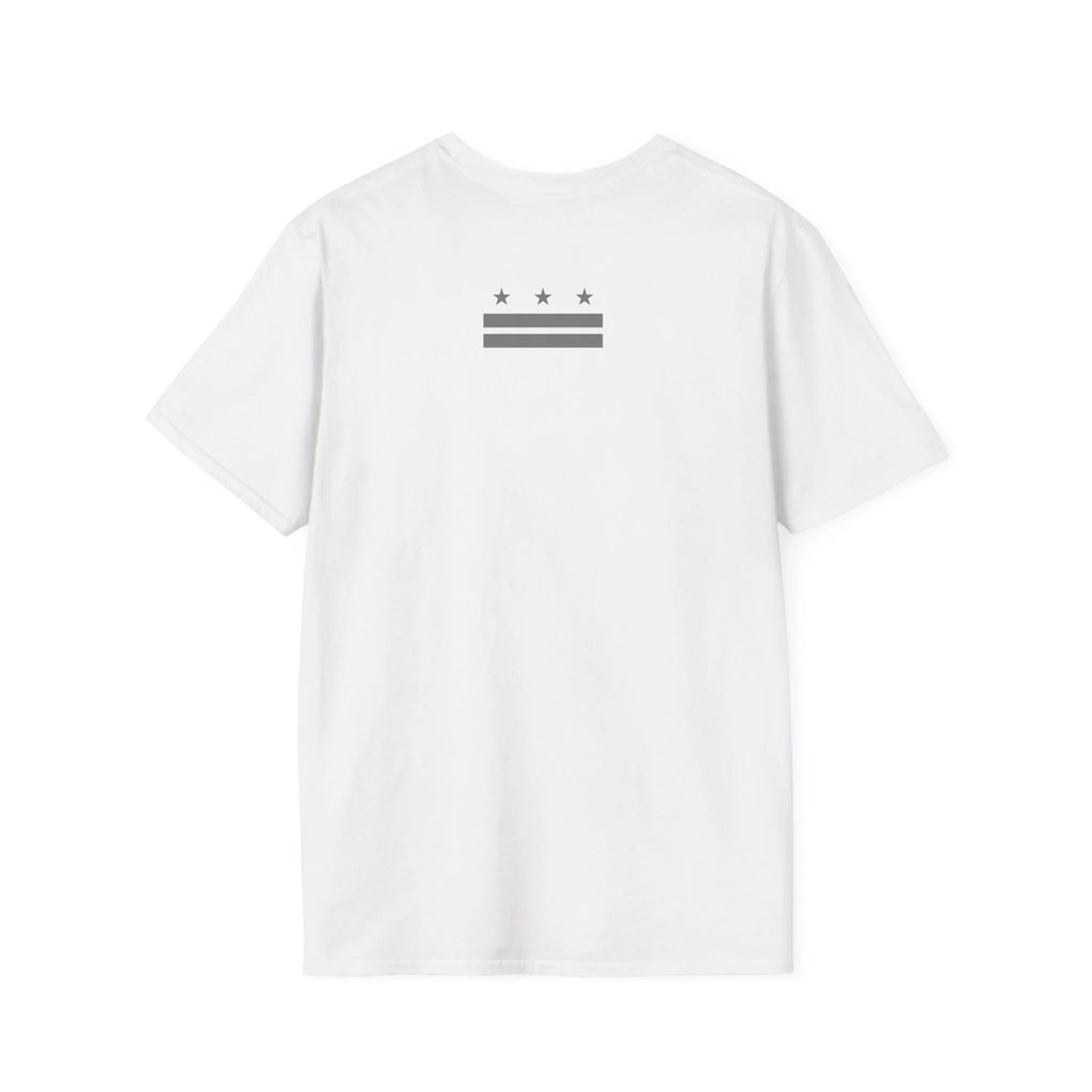 White protest t-shirt with minimalist three stars and stripes graphic on the back
