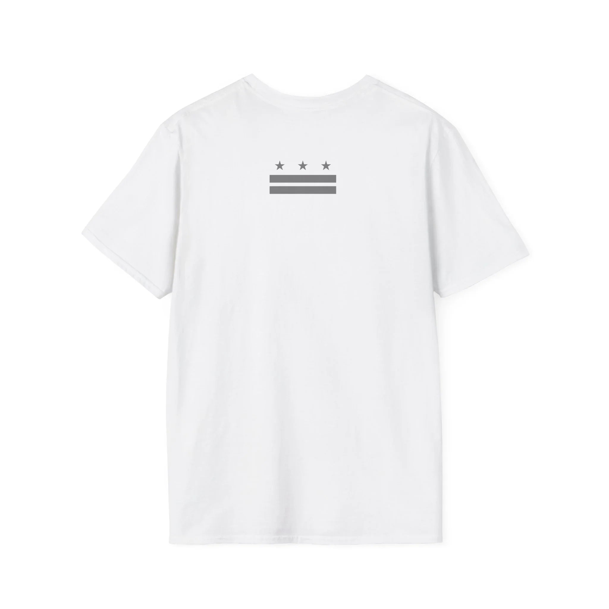 White protest t-shirt with minimalist three stars and stripes graphic on the back