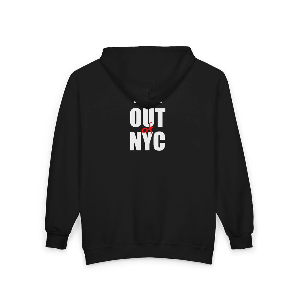 Black protest hoodie with bold white text reading 'OUT of NYC' in graphic design style
