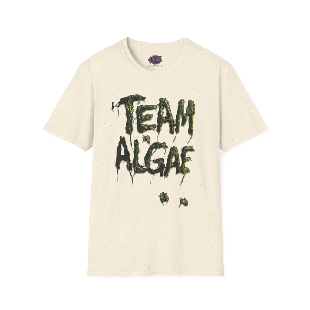 Cream tee with 'TEAM ALGAE' in dripping green algae design, unique protest graphic tee