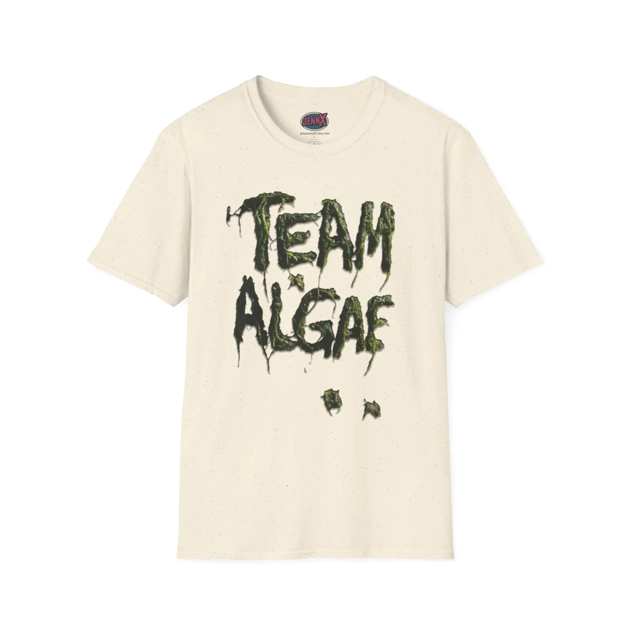 Cream tee with 'TEAM ALGAE' in dripping green algae design, unique protest graphic tee