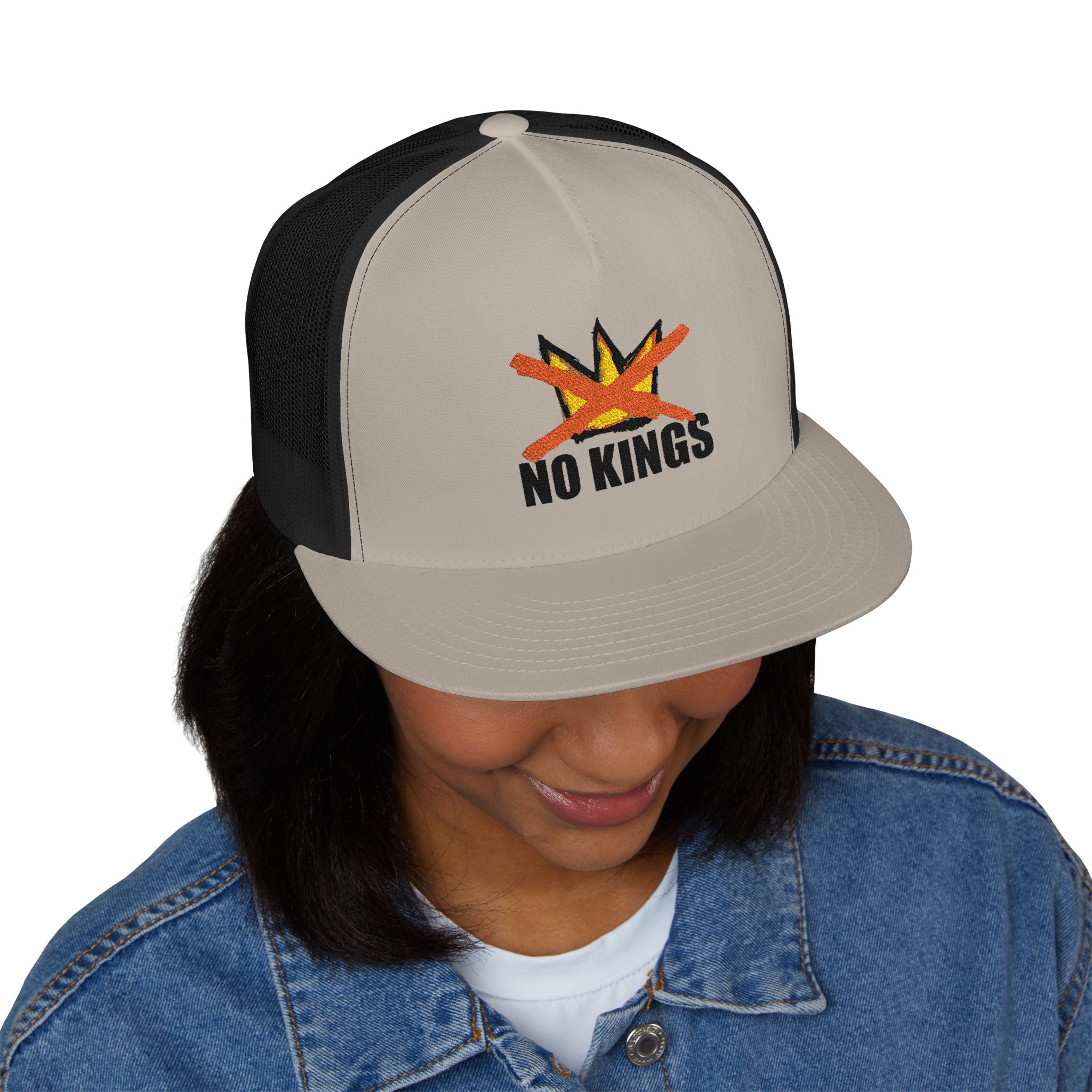 No Kings flame skull embroidery Trucker Cap | 5-panel mesh hat