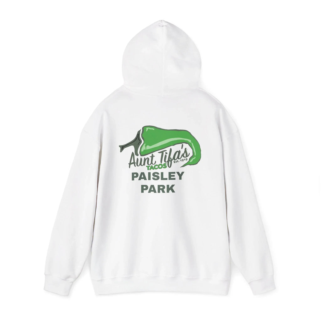 White hoodie with green chili pepper graphic and 'Aunt Tifa's Tacos Paisley Park' text on back