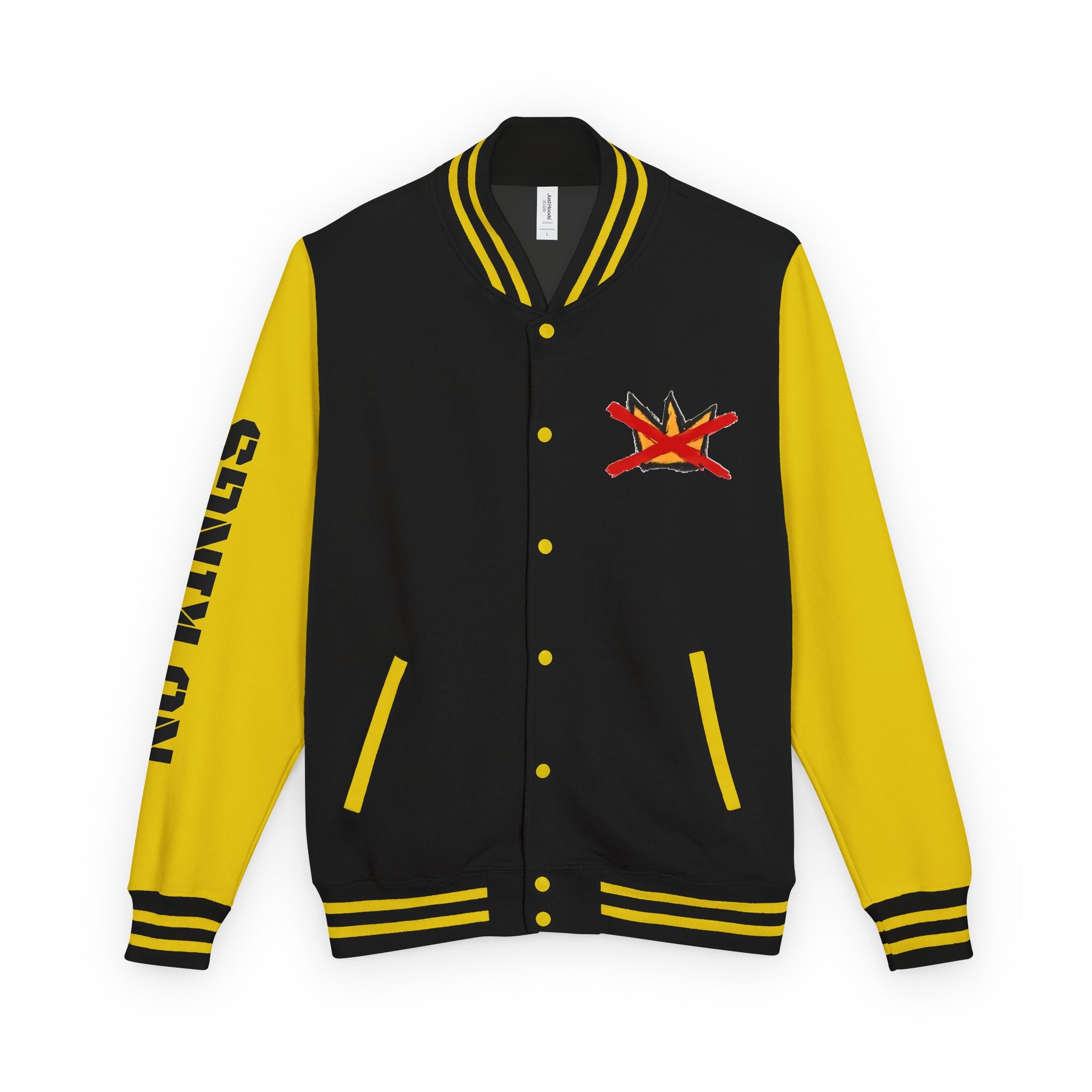 No Kings March Ultimate Protest Jacket I Hand-Drawn Crown Letterman Jacket | Black yellow varsity