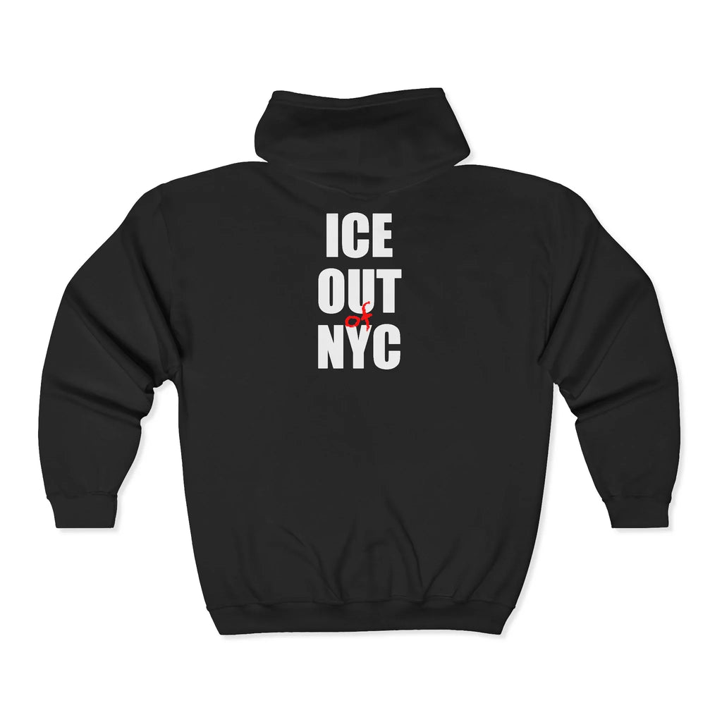 Black sweatshirt with bold protest text 'ICE OUT of NYC' in white, activist graphic design.