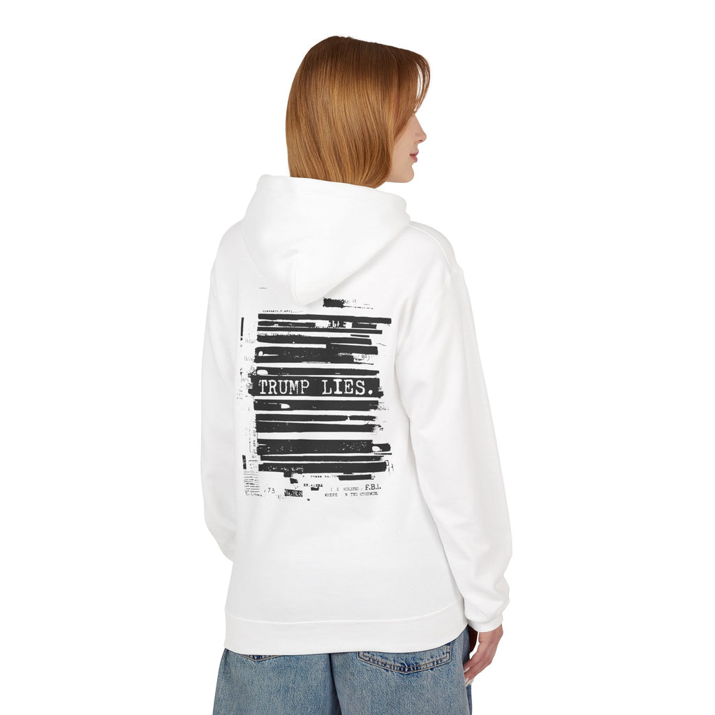 Redacted Document 'TRUMP LIES' Hoodie | Political Statement, Black Ink Print