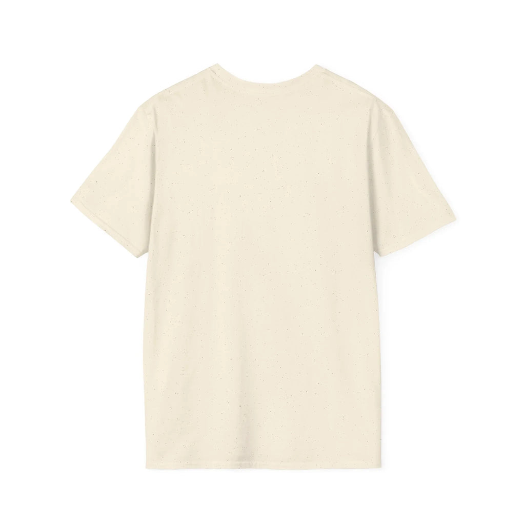 Cream speckled protest tee, back view — unique anti-MAGA graphic shirt design