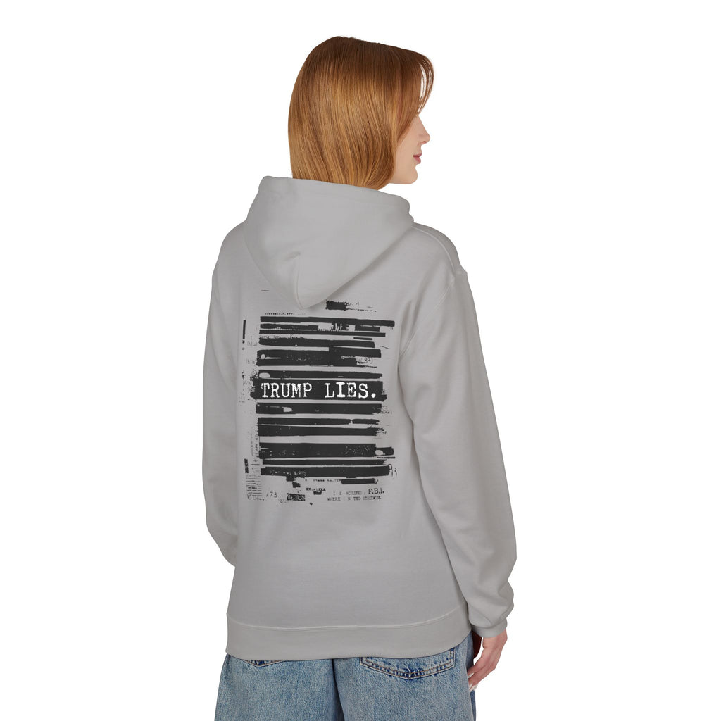 Redacted Document 'TRUMP LIES' Hoodie | Political Statement, Black Ink Print