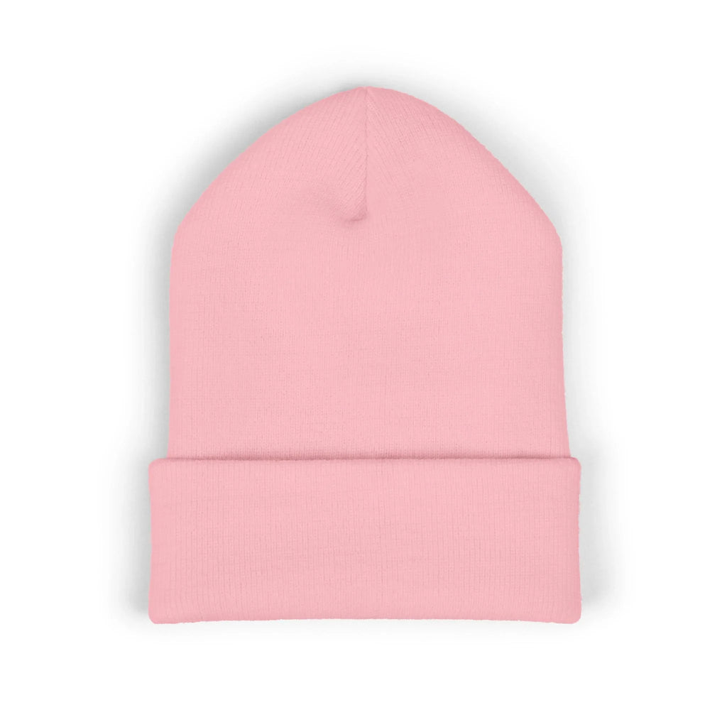 Light pink knit beanie hat with folded brim, minimalist protest accessory