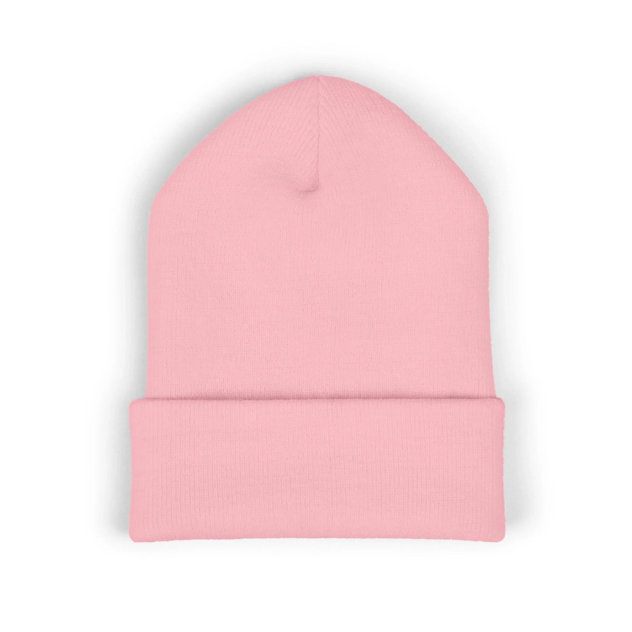 Light pink knit beanie hat with folded brim, minimalist protest accessory
