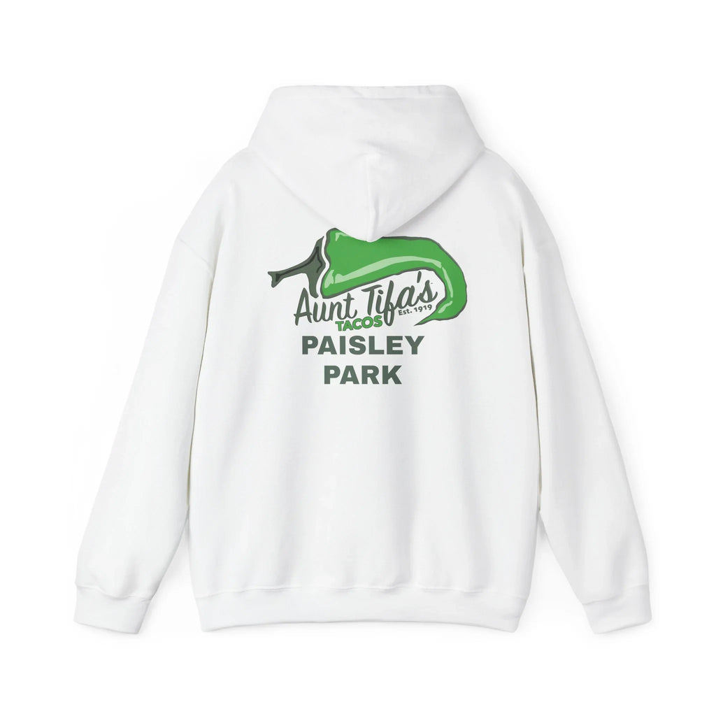 White hoodie with green pepper graphic and 'Aunt Tifa’s Tacos Paisley Park' protest design on back