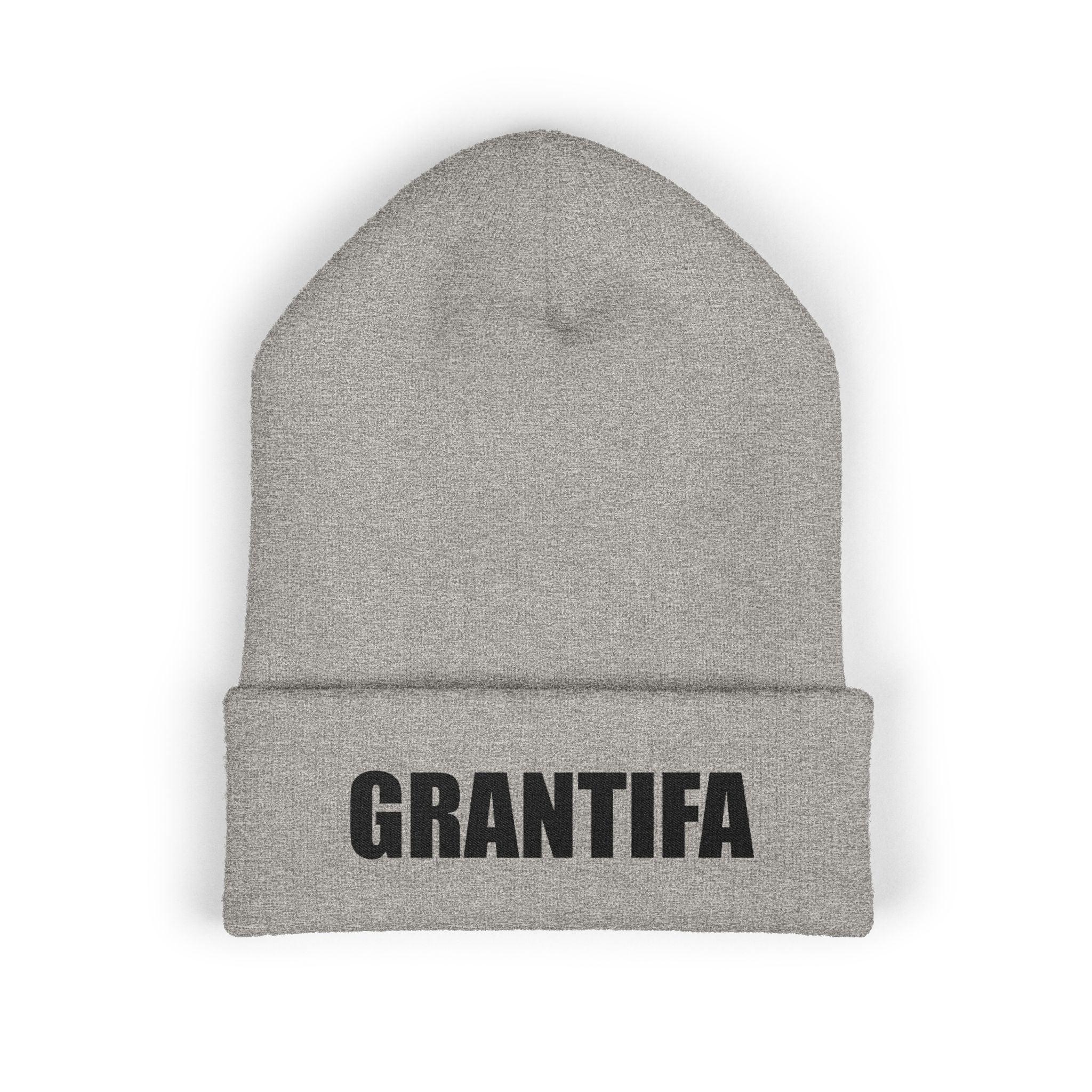 Gray protest beanie with bold GRANTIFA text, activism apparel, statement winter hat