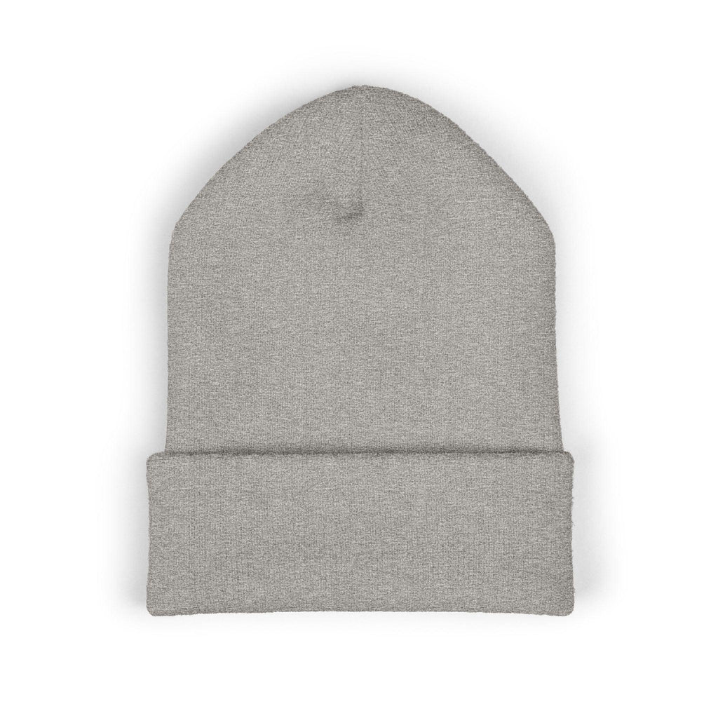 Plain light gray knit beanie hat for political activism, flat lay on white background