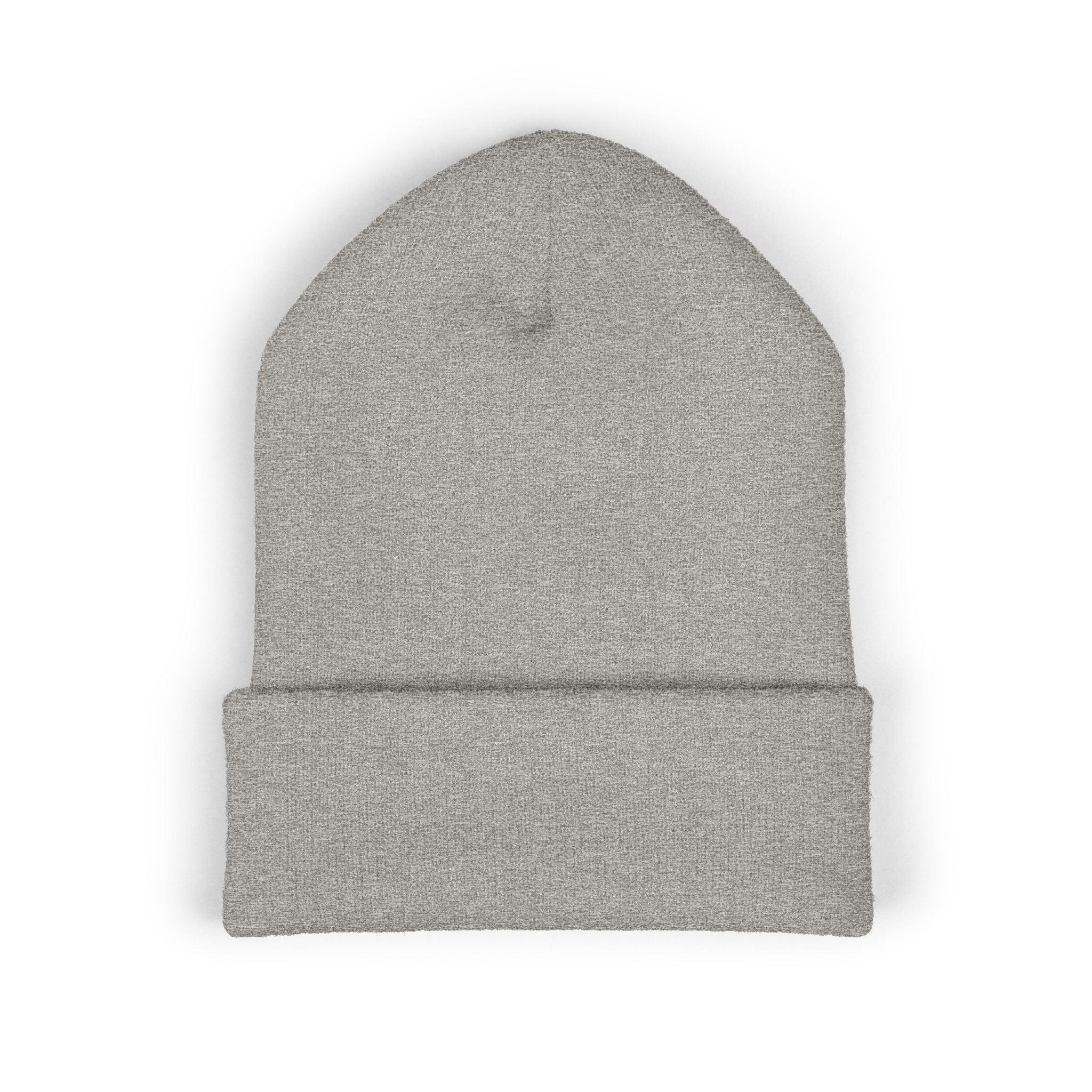 Plain light gray knit beanie hat for political activism, flat lay on white background