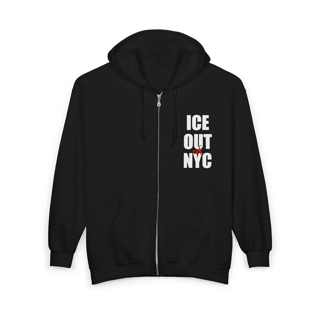 Black protest hoodie with bold white 'ICE OUT NYC' text and hand-drawn red graphic detail