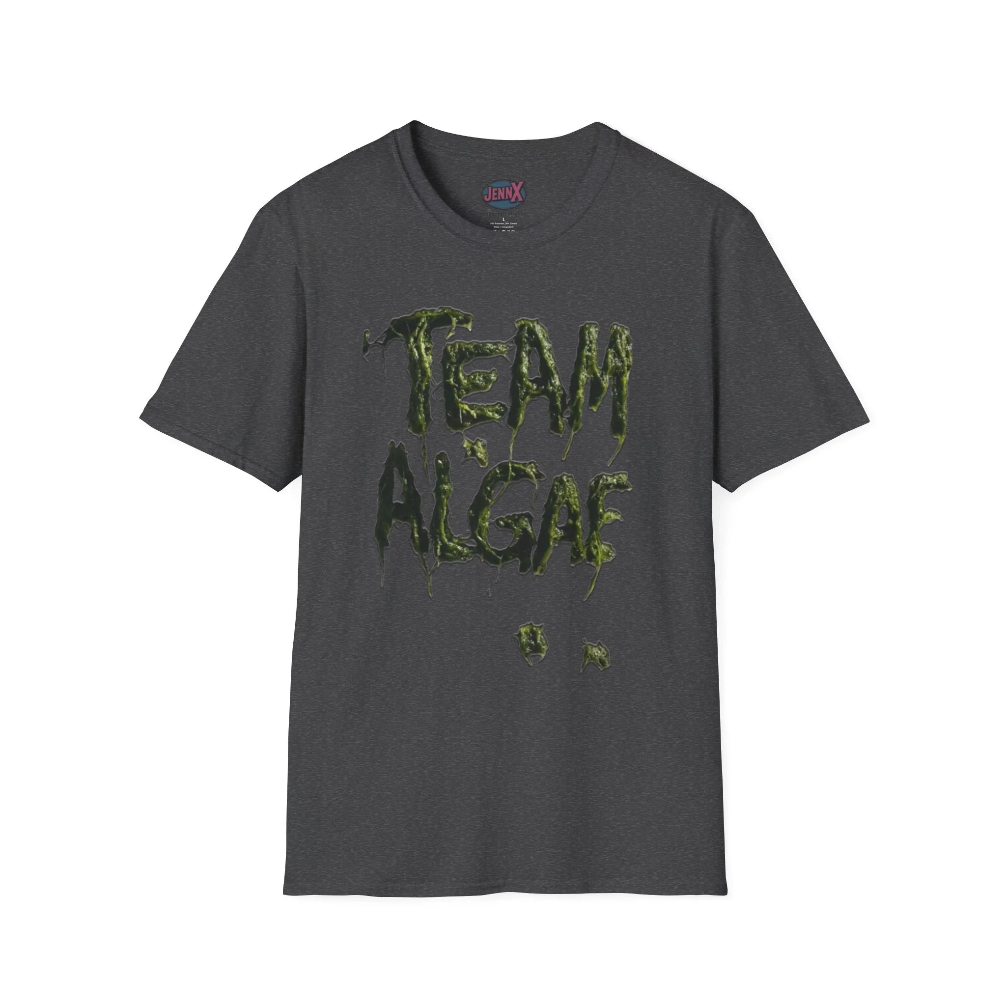 Dark gray protest tee with 'TEAM ALGAE' in dripping green algae design, unique artist-made political graphic shirt
