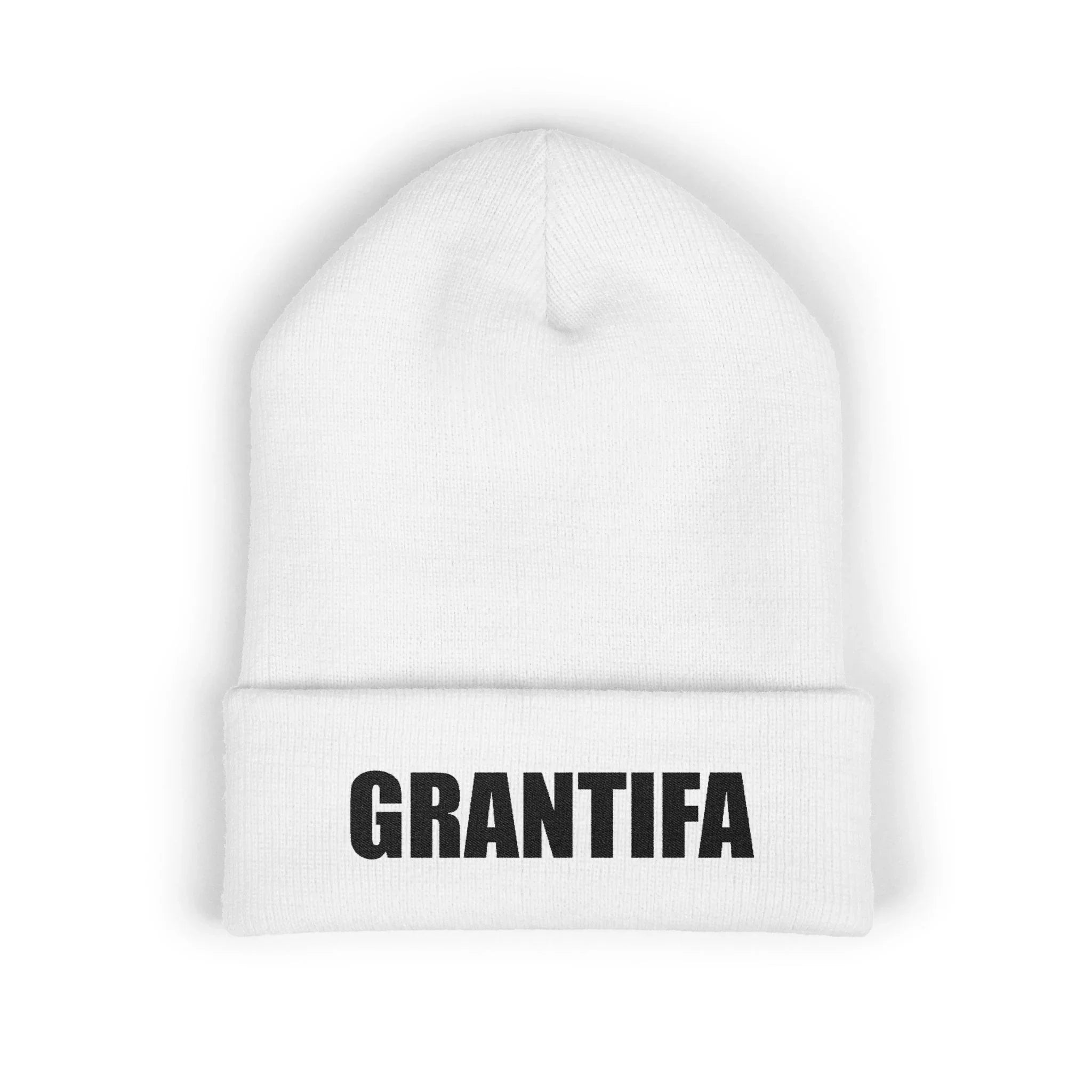 White beanie hat with bold black GRANTIFA slogan, protest statement apparel