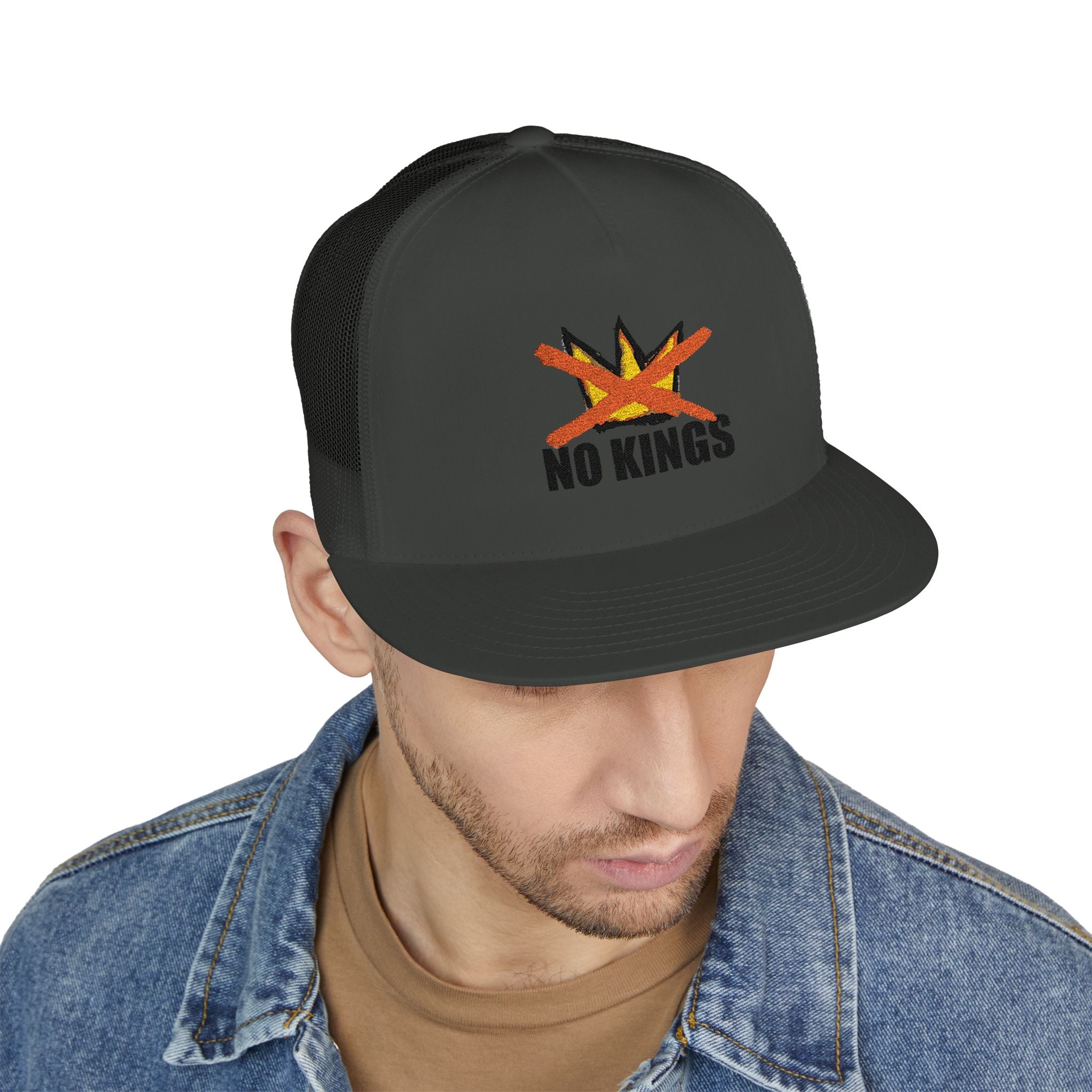 No Kings flame skull embroidery Trucker Cap | 5-panel mesh hat