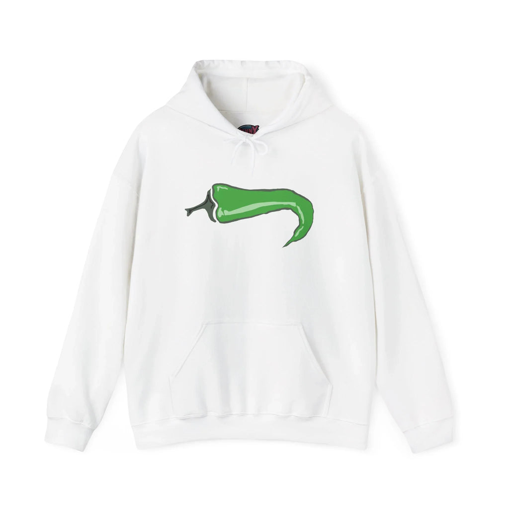 White hoodie with hand-drawn green chili pepper graphic, protest apparel style
