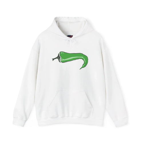 White hoodie with hand-drawn green chili pepper graphic, protest apparel style