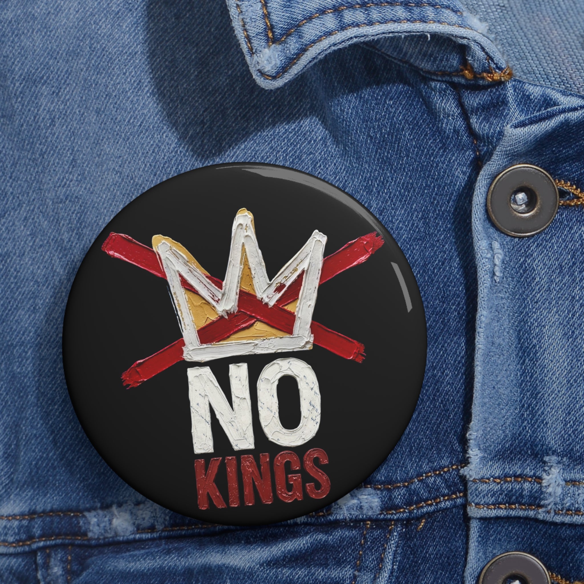 No Kings crown design Pin Button | Round political protest enamel style pin