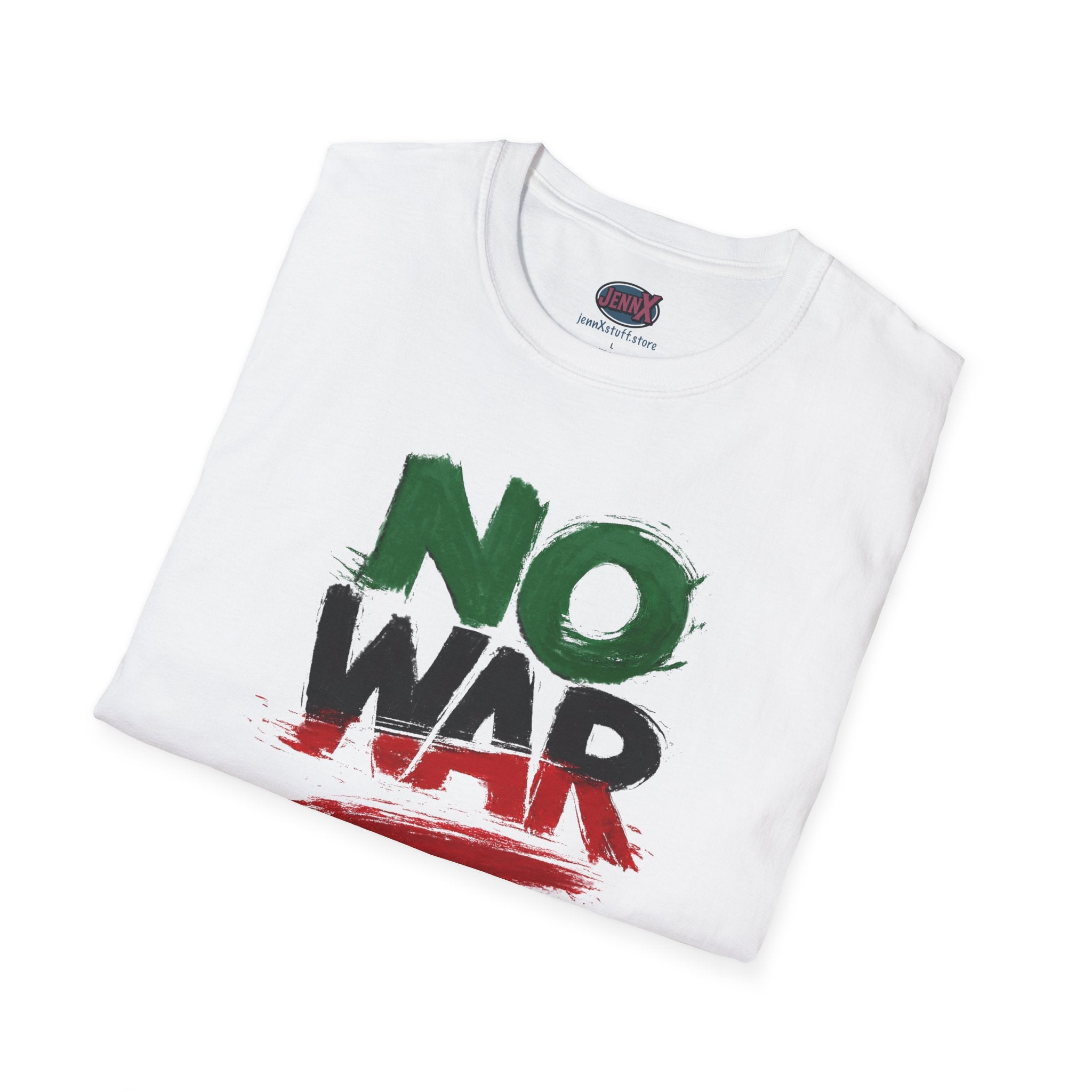 No War brushstroke design T-Shirt | Green Black Red anti-war slogan