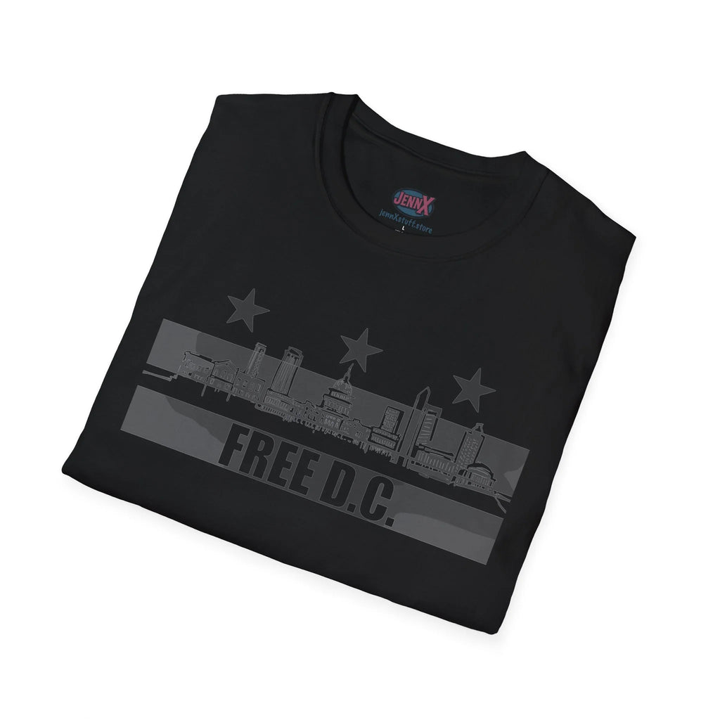 Black protest t-shirt with 'Free D.C.' bold slogan and Washington DC skyline graphic.