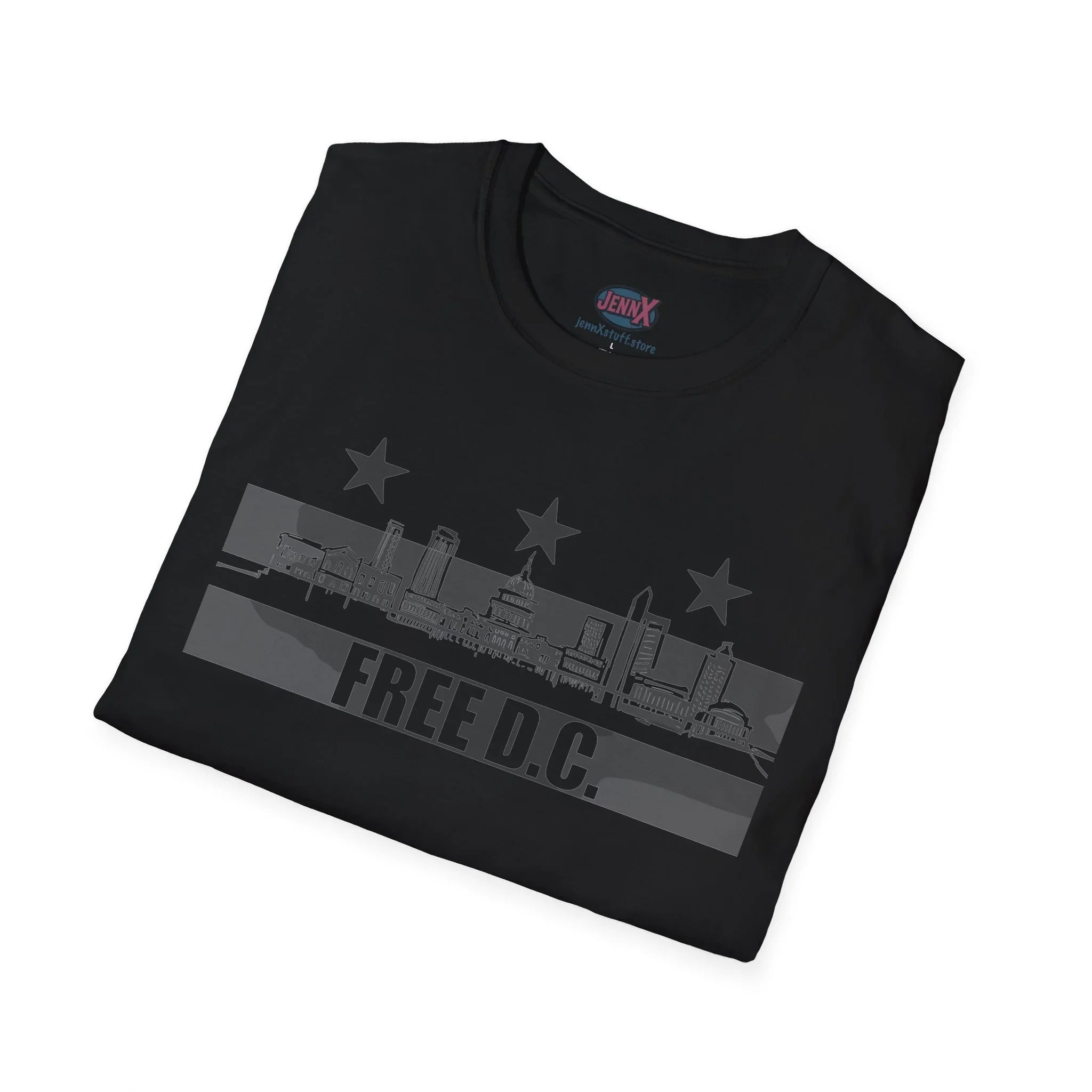 Black protest t-shirt with 'Free D.C.' bold slogan and Washington DC skyline graphic.
