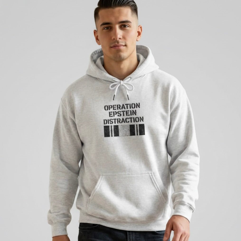 Operation Epstein Distraction embroidered hoodie criticizing the Iran war and political distraction. Bold anti-war protest hoodie for activists and rallies.