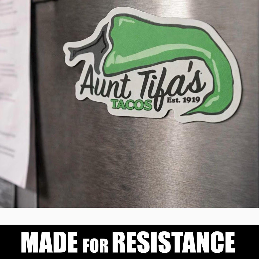 Antifa Aunt Tifa's Tacos Mock Restaurant Refrigerator Magnet - Political Art Humor