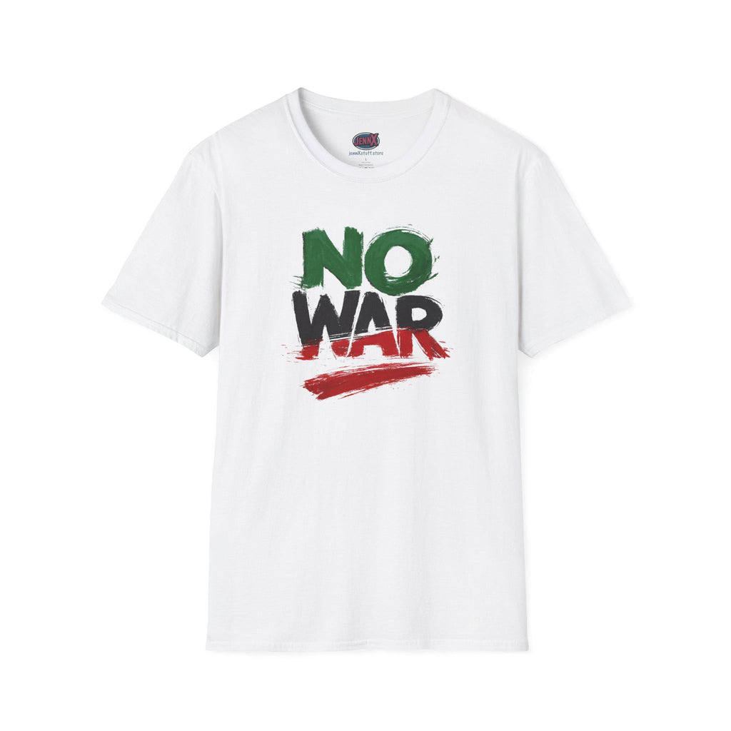 May include: White t-shirt with the words "NO WAR" in green, black, and red brushstroke lettering. The shirt has a crew neck and short sleeves. The design is centered on the front of the shirt.