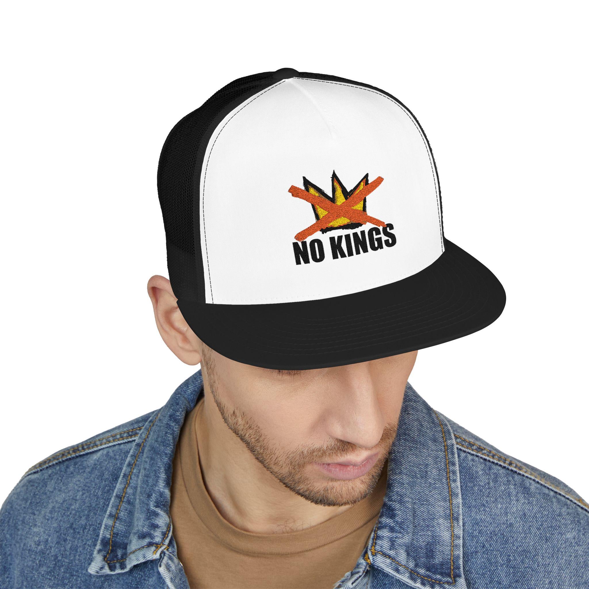No Kings embroidery Trucker Cap | Free protest sticker I 5-panel mesh hat