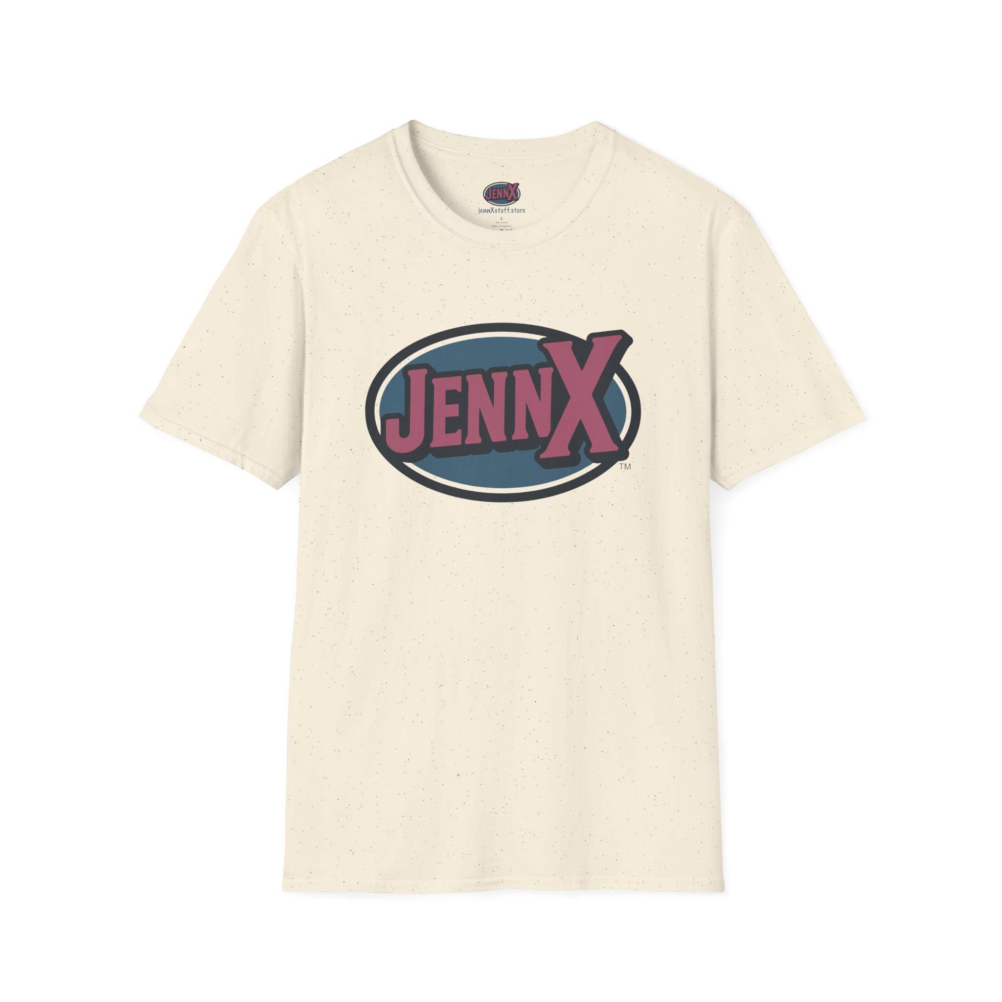 May include: Cream-colored t-shirt featuring a circular logo with the text "JENNX" in a stylized font. The logo is set within a blue oval with a dark outline. The shirt has a classic crew neck and short sleeves.