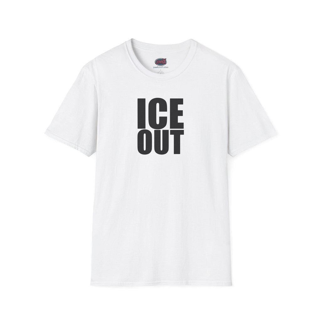 May include: White t-shirt with the words "ICE OUT" printed in bold, black capital letters. The shirt has short sleeves and a crew neck. The Fruit of the Loom logo is visible on the collar.