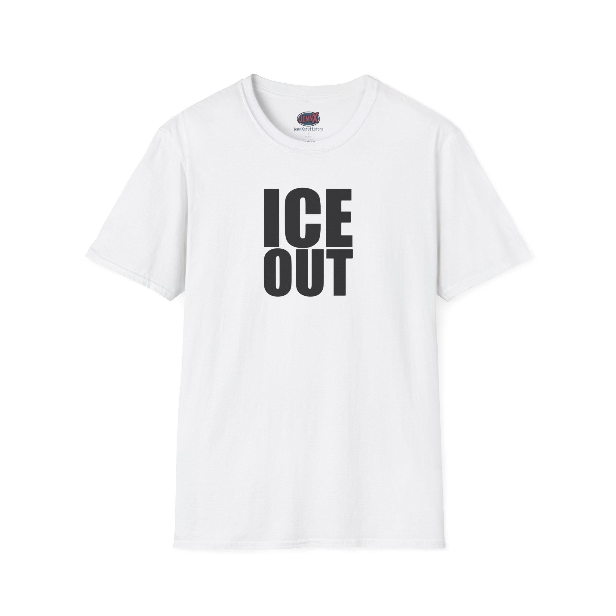 May include: White t-shirt with the words "ICE OUT" printed in bold, black capital letters. The shirt has short sleeves and a crew neck. The Fruit of the Loom logo is visible on the collar.