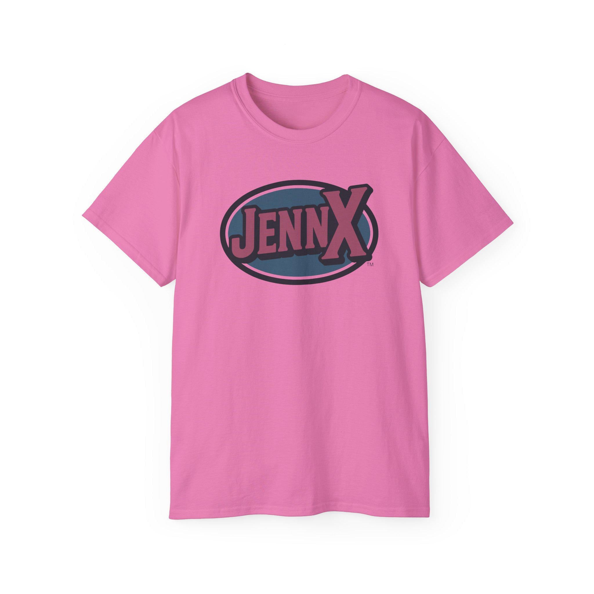 May include: A pink t-shirt with a crew neck. The shirt features the text "JENNX" in a retro style, inside a blue oval with a black outline. The text is in pink and blue.