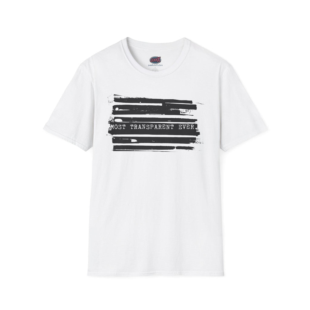 May include: White t-shirt with a black graphic design. The design features horizontal black lines with the text "MOST TRANSPARENT EVER" in the center. The shirt has a crew neck and short sleeves.