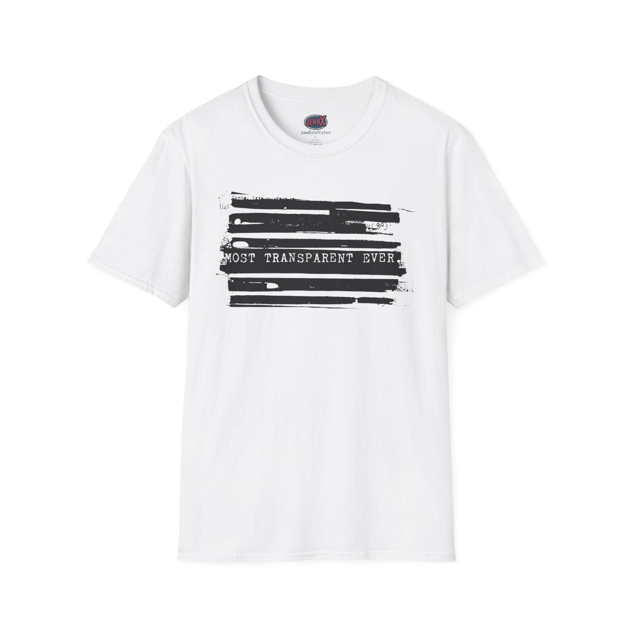 May include: White t-shirt with a black graphic design. The design features horizontal black lines with the text "MOST TRANSPARENT EVER" in the center. The shirt has a crew neck and short sleeves.