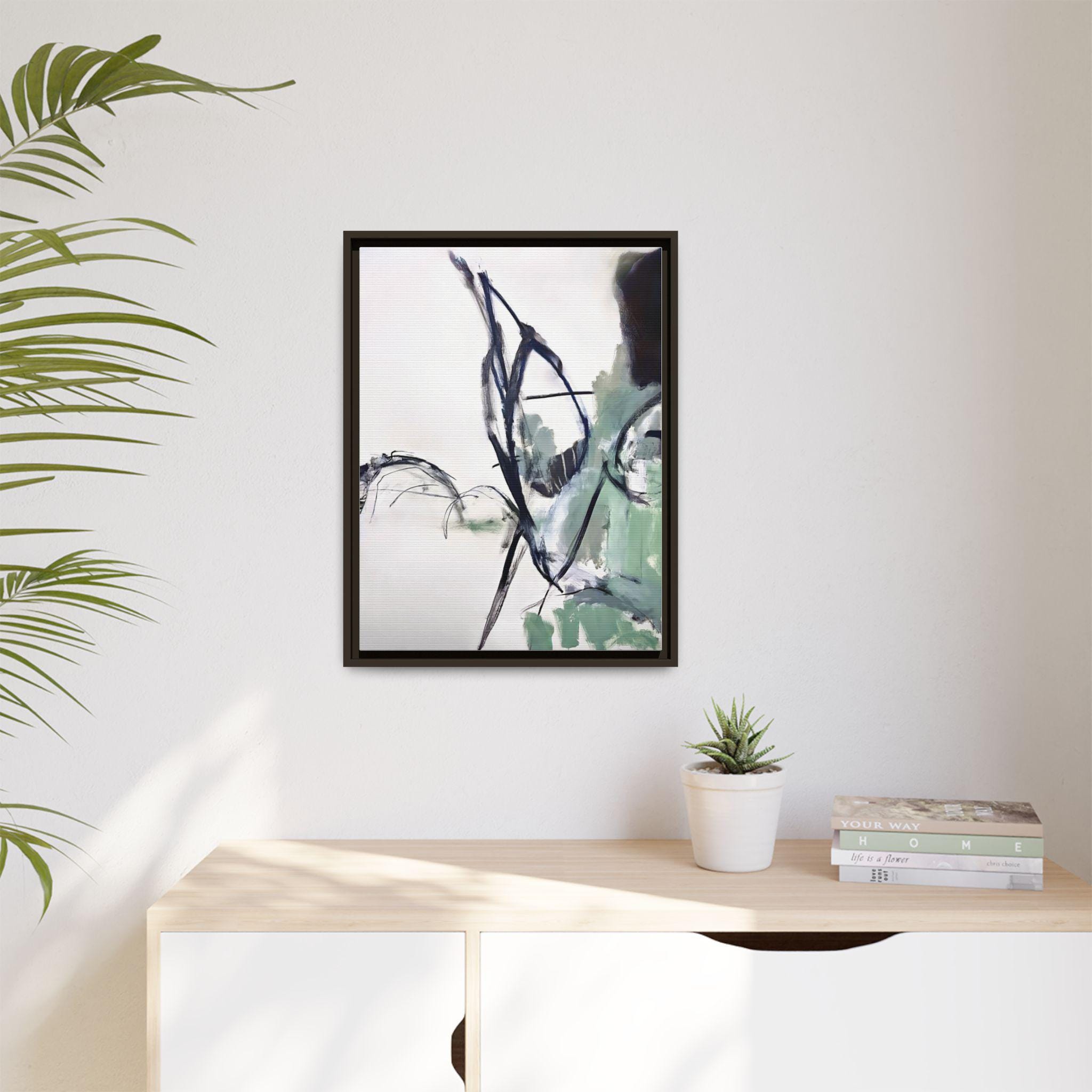 Abstract Green Ink Brushstroke Matte Canvas Framed | Modern Wall Art