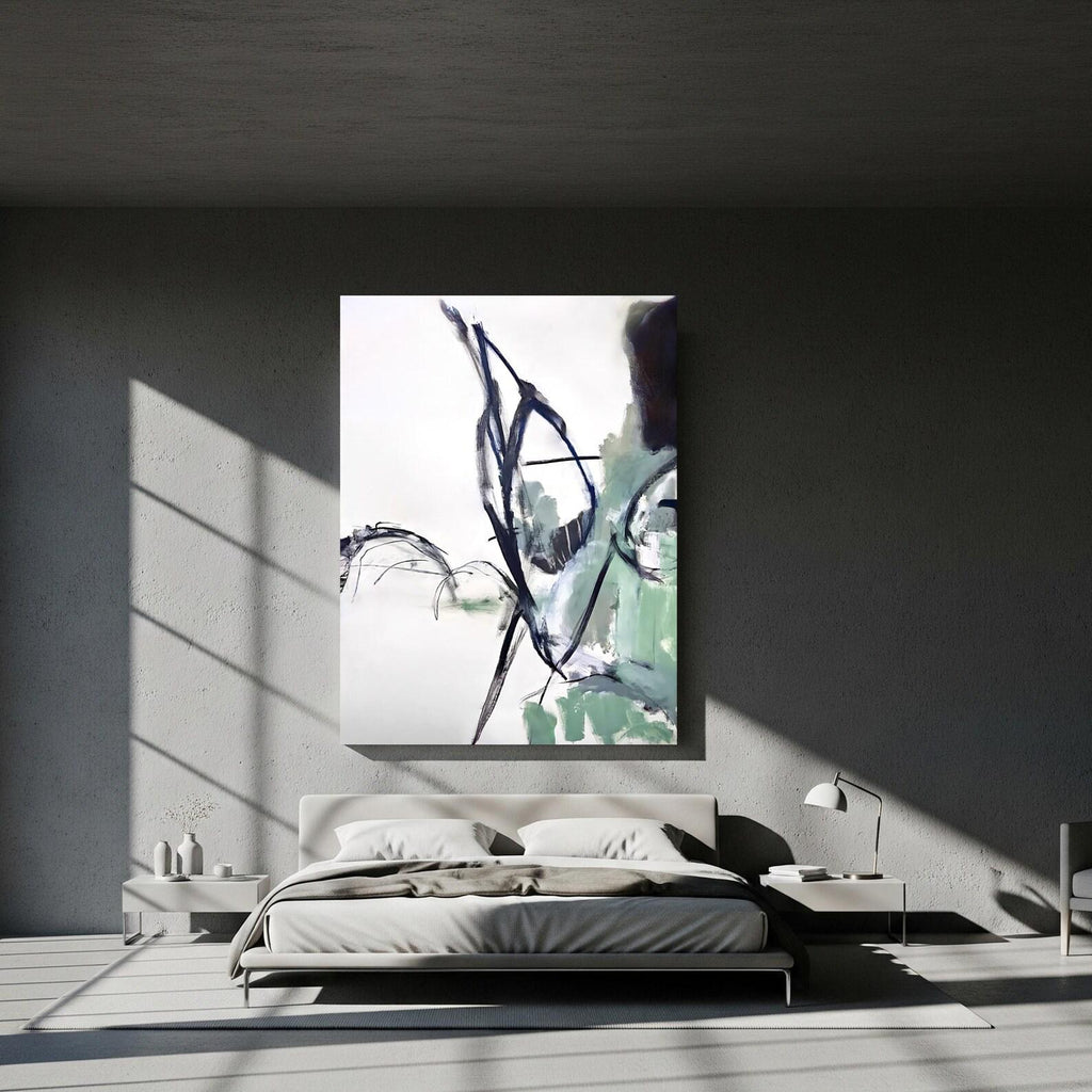 Abstract Green Ink Brushstroke Matte Canvas Framed | Modern Wall Art