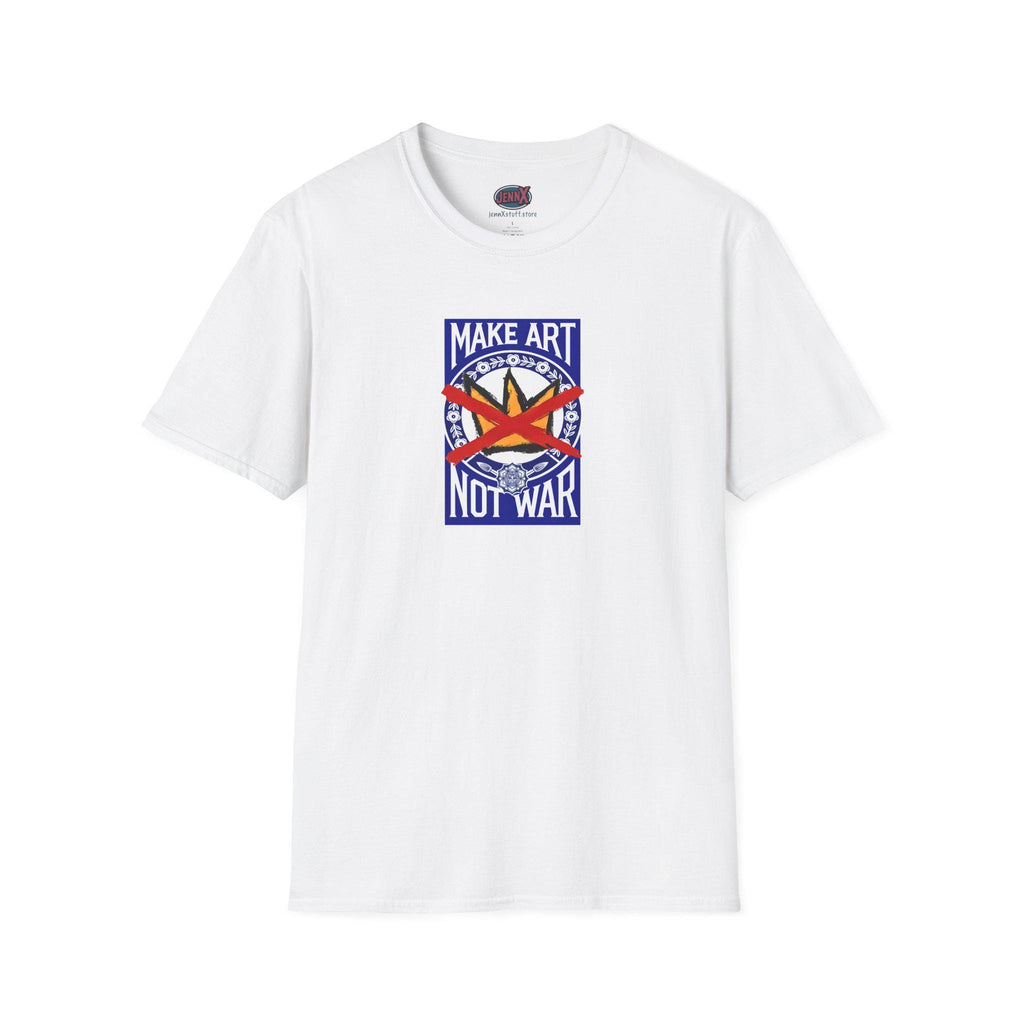 May include: Black t-shirt with a rectangular graphic that reads "MAKE ART NOT WAR" in blue and white text. The graphic includes a red cross-out over a yellow starburst design. The shirt has short sleeves and a crew neck.