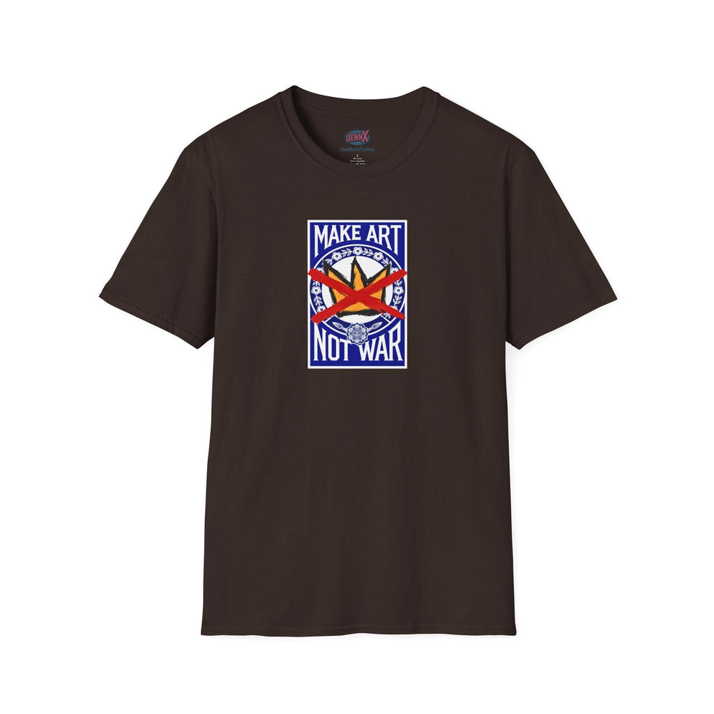 May include: White t-shirt featuring a graphic design with the text "MAKE ART NOT WAR" in a blue and red design. The design includes a star and a red cross-out symbol. The shirt is made of a soft, comfortable material.
