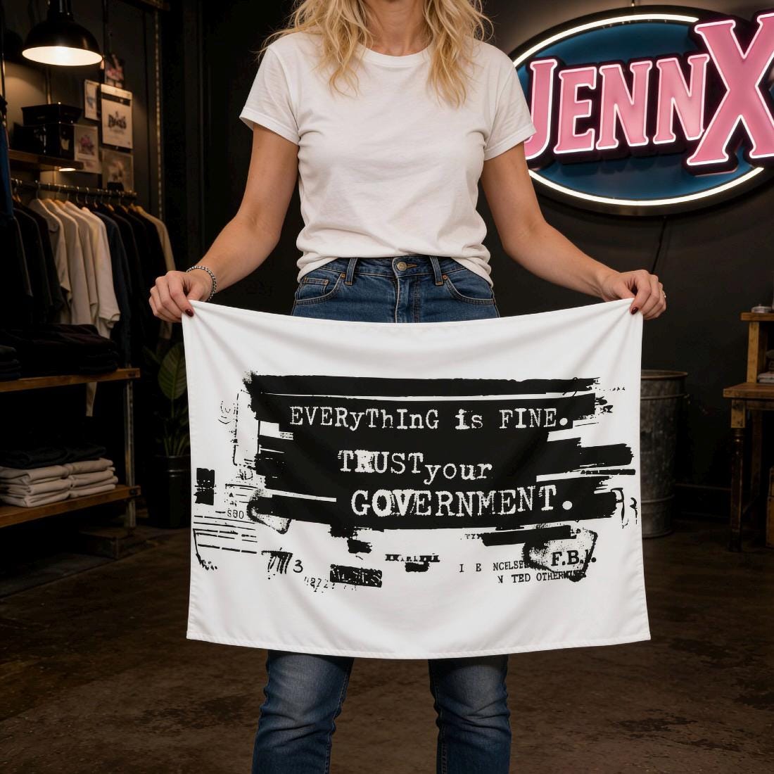 Protest Flag I Everything Is Fine. Trust Your Government I Ironic Anti-MAGA, Anti-Trump statement I Epstein Design
