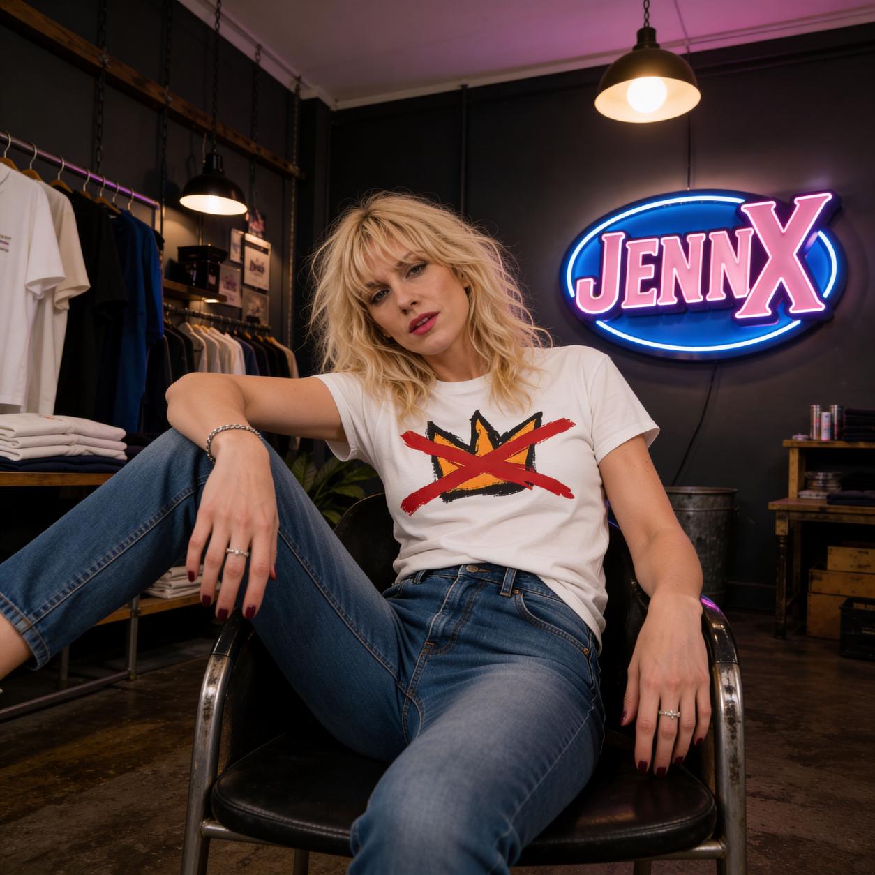 May include: A woman wearing a white t-shirt with a red and yellow graphic design, paired with blue jeans. The background features a neon sign that says "JennX". The setting appears to be a clothing store.